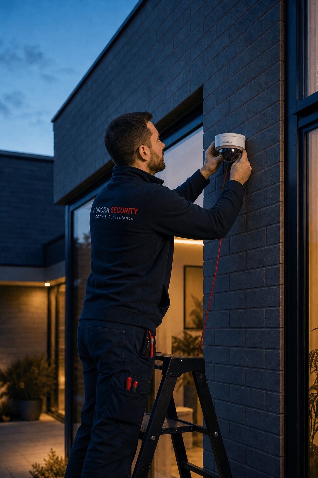 Aurora Security installer fitting a CCTV camera